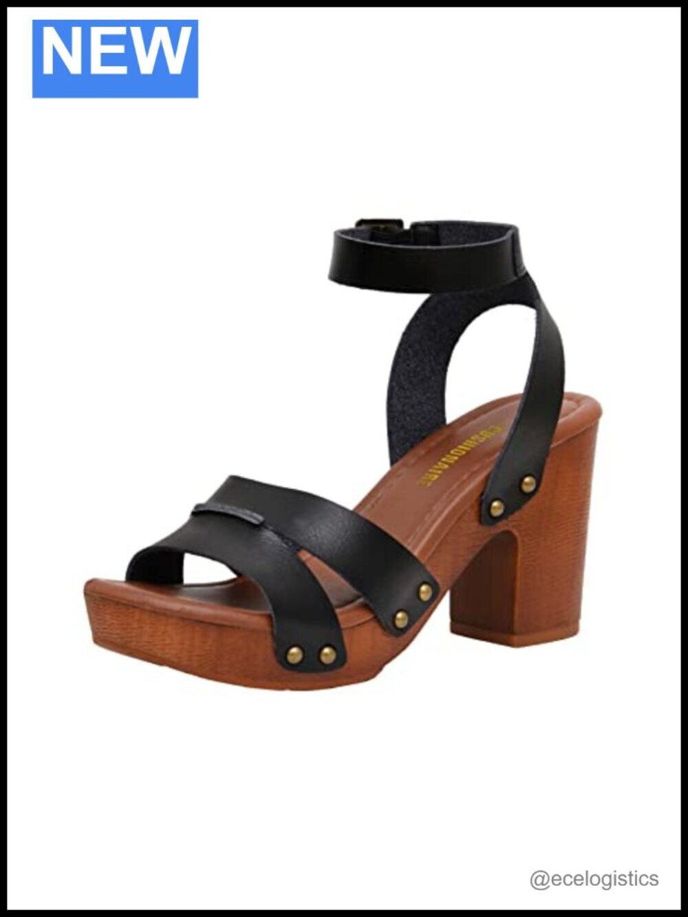 Faux Wood Block Heel Platform Sandals with Studded Straps